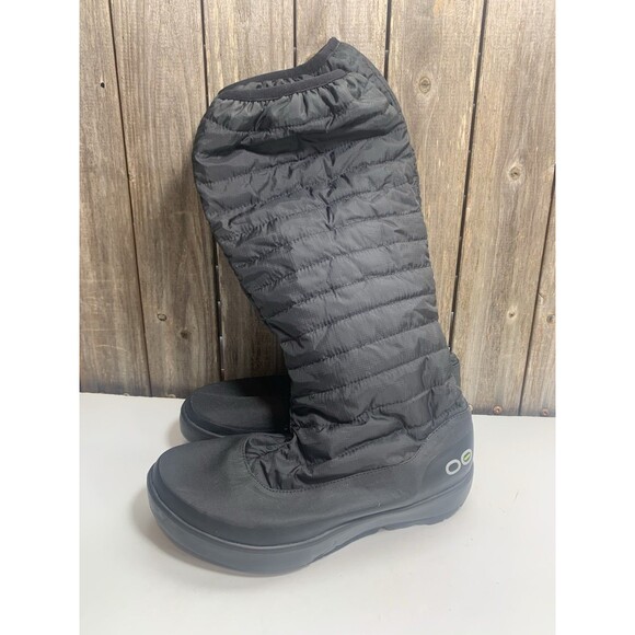 Oofos OOmg Boots Tall Black Shoes Recovery Pull On Nylon Round Toe Womens 9.5 - Picture 3 of 8